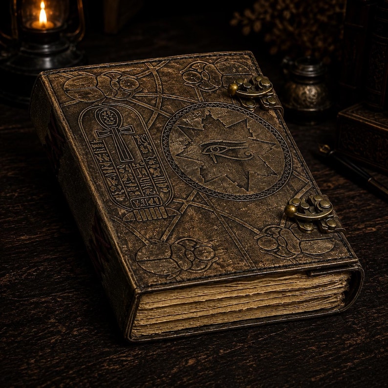 May include: A bronze-coloured journal with an embossed cover featuring Egyptian hieroglyphs and symbols. The journal has a clasp closure and aged paper pages. The cover is intricately detailed with floral and geometric patterns. The overall design evokes a sense of history.
