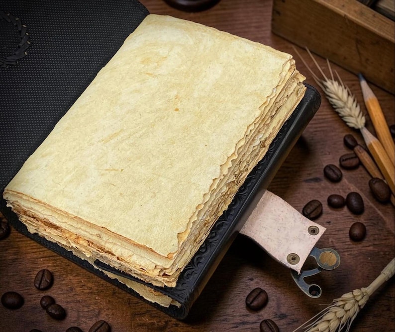 Peut inclure: Un journal ouvert de style ancien avec des pages jaunies. Le journal est reli&eacute; en cuir noir et poss&egrave;de un signet en cuir. Des grains de caf&eacute;, des crayons et des &eacute;pis de bl&eacute; sont dispers&eacute;s autour du journal sur une surface en bois.