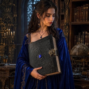 Peut inclure: Une femme en robe de velours bleu tient un grand livre noir en cuir avec un motif d'&eacute;toile et une pierre pr&eacute;cieuse bleue. Le livre a un fermoir en laiton. L'arri&egrave;re-plan comprend une biblioth&egrave;que avec des &eacute;tag&egrave;res et des bougies.