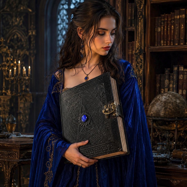 Peut inclure: Une femme en robe de velours bleu tient un grand livre noir en cuir avec un motif d'&eacute;toile et une pierre pr&eacute;cieuse bleue. Le livre a un fermoir en laiton. L'arri&egrave;re-plan comprend une biblioth&egrave;que avec des &eacute;tag&egrave;res et des bougies.