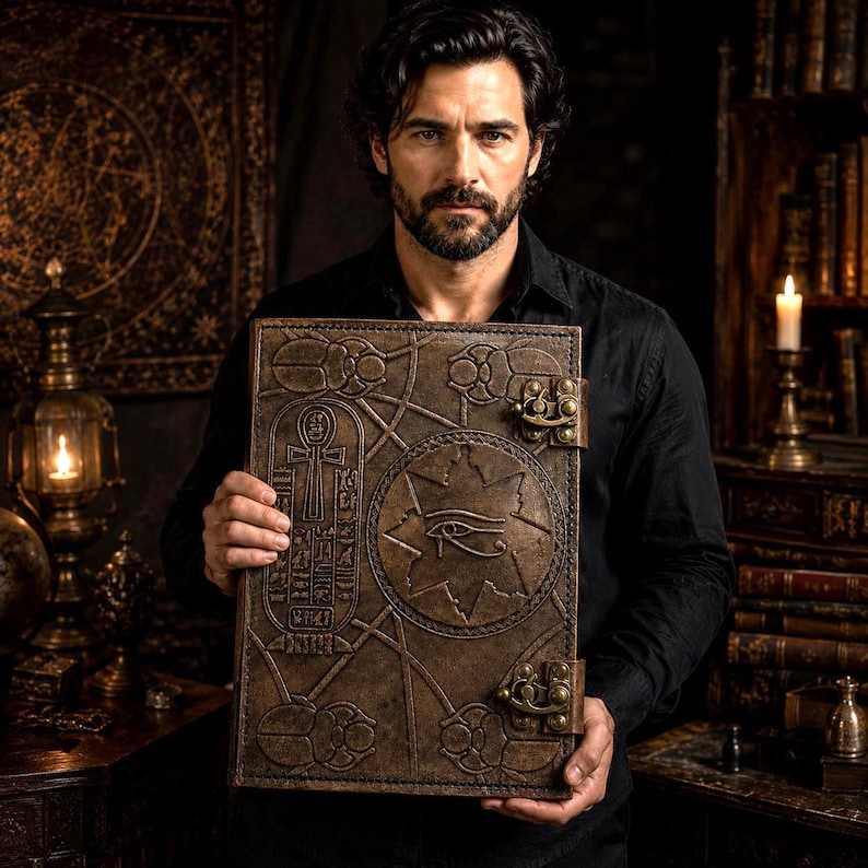 May include: A large, brown leather-bound book with detailed embossed designs, including an eye symbol and hieroglyphs. The book features a clasp closure and an aged appearance, suggesting a historical or fantasy theme.
