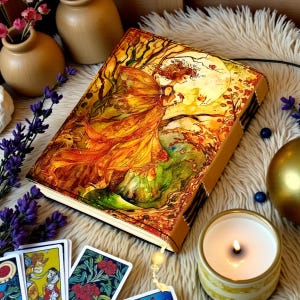 May include: A hardcover journal with a vibrant illustration of a fairy in a forest setting, featuring warm colors like orange, yellow, and green. The journal has a tan leather spine and a decorative bookmark. Tarot cards and a lit candle are nearby.
