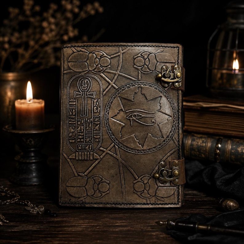 May include: A brown leather journal featuring embossed Egyptian hieroglyphs, scarabs, and an Eye of Horus design. The journal has a clasp closure and is set against a dark background with a lit candle and antique items.
