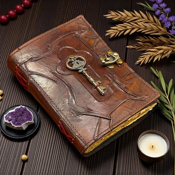 Book of Shadows Embossed Leather Journal with Key Handmade Vintage Grimoire Notebook Refillable Deckle Edge Paper Diary Rustic Gift