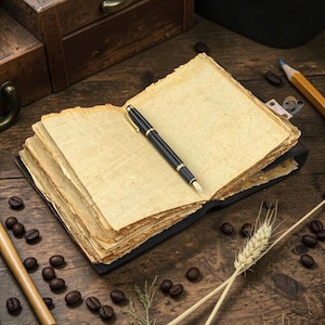 Peut inclure: Un carnet ouvert avec des pages vierges et un stylo plume noir et dor&eacute;. Le carnet est pos&eacute; sur une surface en bois, entour&eacute; de grains de caf&eacute;, d'un crayon et d'&eacute;pis de bl&eacute;.