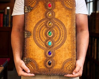 Journal en cuir gaufré sept pierres avec clé, carnet de notes Grimoire du Livre des ombres fait main, journal intime en papier rechargeable avec bordure Deckle, cadeau rustique