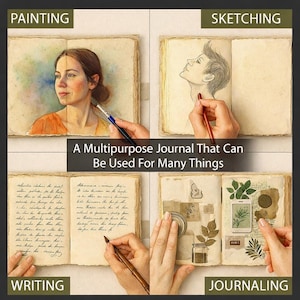 May include: An open multipurpose journal with pages for painting, sketching, writing, and journaling. The journal has a vintage aesthetic. The image includes the text: "A Multipurpose Journal That Can Be Used For Many Things."