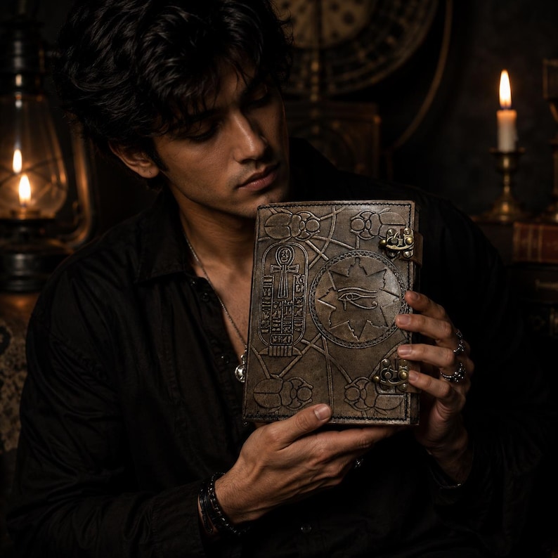May include: A brown leather journal featuring detailed embossed patterns, including hieroglyphs, a star, and an eye symbol. It has a metal clasp and decorative metal fittings. The cover is a deep, dark brown.