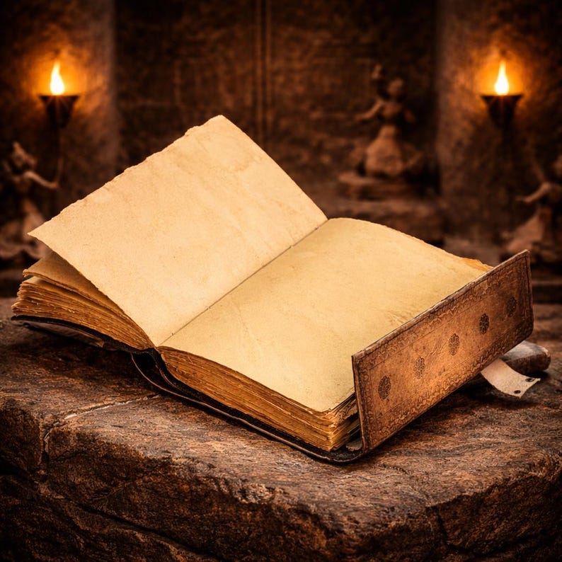 May include: An open antique book with blank, aged pages. The book is bound in dark leather and rests on a stone surface. The scene is dimly lit, with two lit torches in the background, creating a vintage, historical aesthetic.