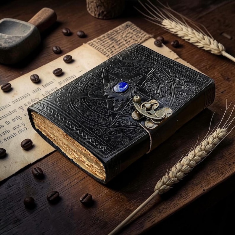 Peut inclure: Un journal en cuir noir avec un pentagramme en relief et une pierre pr&eacute;cieuse bleue. Le journal a un fermoir en m&eacute;tal et des pages dor&eacute;es vieilles. Des grains de caf&eacute; et des &eacute;pis de bl&eacute; sont dispers&eacute;s sur une surface en bois.