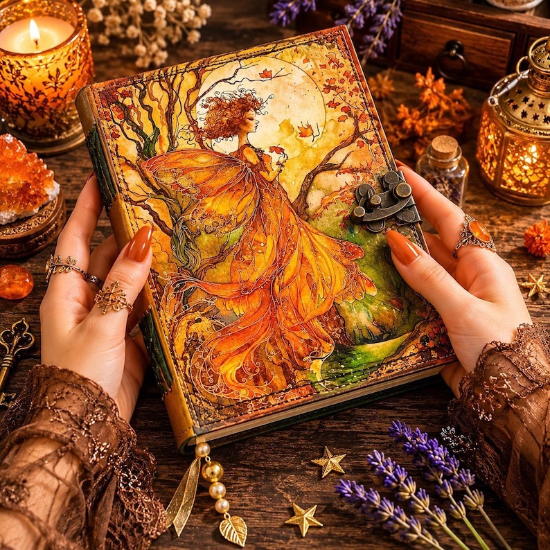 May include: A leather-bound journal with an illustration of a woman in a flowing orange dress, set against a backdrop of trees and a full moon. The journal is held open, revealing the detailed artwork. The scene is rich in autumnal colors.