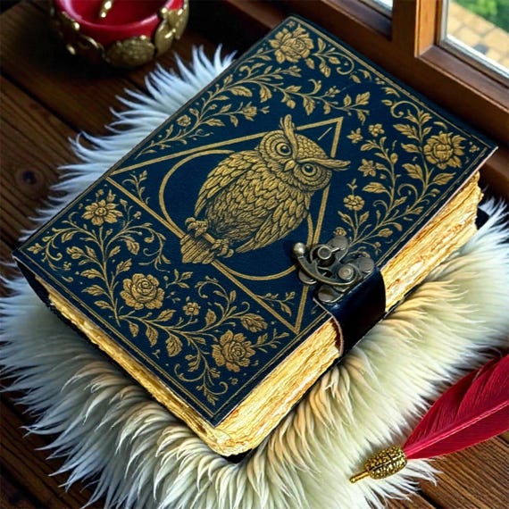 Owl Leather Journal – Handmade Vintage Book of Shadows Notebook, Refillable Deckle Edge Paper Diary, Rustic Aesthetic Gift for Her