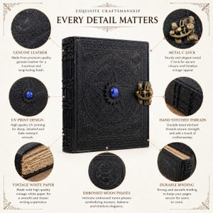 Peut inclure: Journal en cuir noir avec des motifs en relief d'&eacute;toiles et de phases lunaires. Comprend une serrure en m&eacute;tal en forme de C, une pierre pr&eacute;cieuse bleue et des coutures cousues &agrave; la main. Papier blanc vintage et reliure durable.