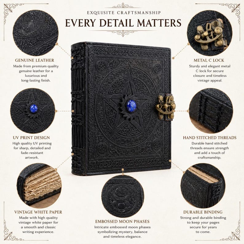 Peut inclure: Journal en cuir noir avec des motifs en relief d'&eacute;toiles et de phases lunaires. Comprend une serrure en m&eacute;tal en forme de C, une pierre pr&eacute;cieuse bleue et des coutures cousues &agrave; la main. Papier blanc vintage et reliure durable.