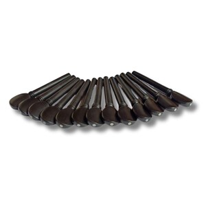 May include: A collection of dark brown violin pegs arranged in a semi-circle. Each peg has a rounded head with a small, white dot and a long, tapered shaft. The pegs are made of wood and appear to be new.