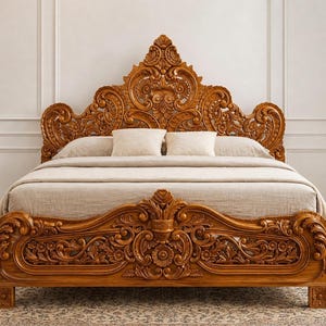 Handcarved Teak Wood King Bed Frame | Royal Indian Hand Carved Bedroom Furniture | Solid Teakwood Luxury Bed | Traditional Wood Bed