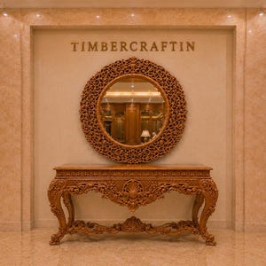 Pode incluir: Consola de madeira ornamentada com um espelho redondo a condizer. O espelho e a mesa apresentam entalhes intrincados e são exibidos contra uma parede neutra. A palavra "TIMBERCRAFTIN" está acima do espelho.