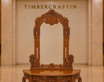 Hand-Carved Teakwood Console Table with Arch Mirror | Jali Apron, Natural Polish