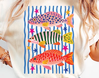 Comfort Colors Fish Shirt, Summer Boho Tee, Coastal Beach T-shirt, Tropical Bright Color Fish Tshirt, Retro Graphic Ocean Life Tee