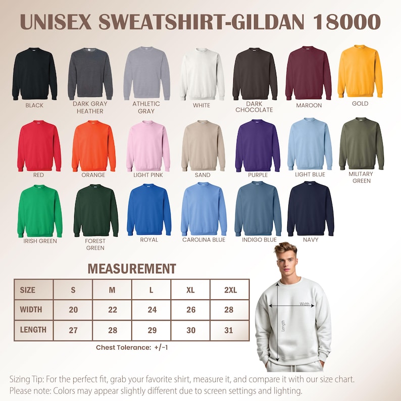 May include: A product image showcasing a variety of Gildan 18000 unisex sweatshirts in various colors, including black, white, and red. The image also displays a size chart with measurements in inches, ranging from S to 2XL, with width from 20 to 28 inches and length from 27 to 31 inches.