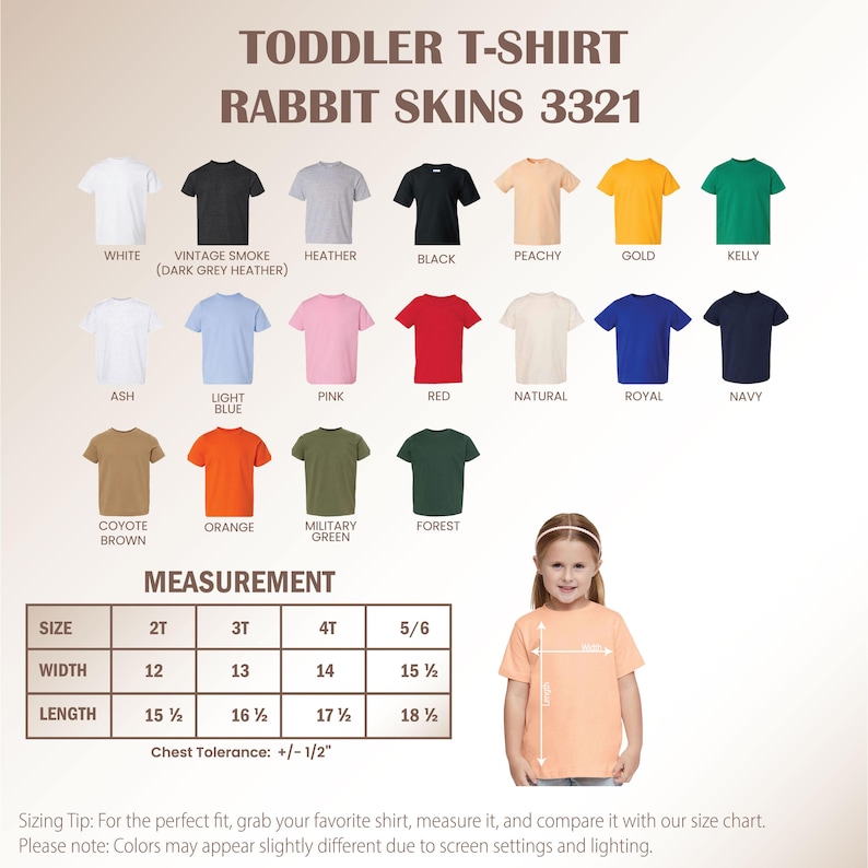 May include: A peach-colored toddler t-shirt from Rabbit Skins 3321, with a size chart showing measurements in inches. The image displays various t-shirt colors, including white, black, and pink. The shirt is modeled on a young girl.