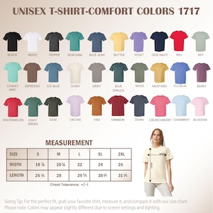 May include: A product image showcasing a variety of unisex t-shirts in various colors, including black, white, and red. The image also features a size chart with measurements in inches, and a model demonstrating how to measure the shirt.