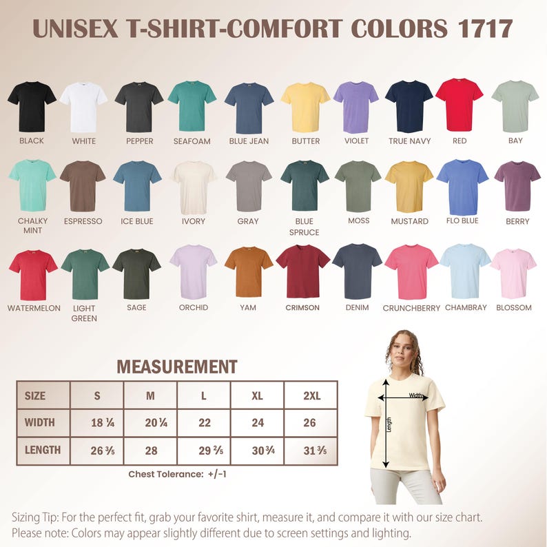 May include: A product image showcasing a variety of unisex t-shirts in various colors, including black, white, and red. The image also features a size chart with measurements in inches, and a model demonstrating how to measure the shirt.