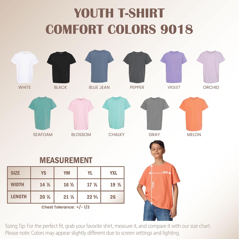 May include: A display of youth t-shirts in various colors, including white, black, blue jean, pepper, violet, orchid, seafoam, blossom, chalky, gray, and melon. The image includes a size chart with measurements in inches and a young person wearing a melon-colored shirt.