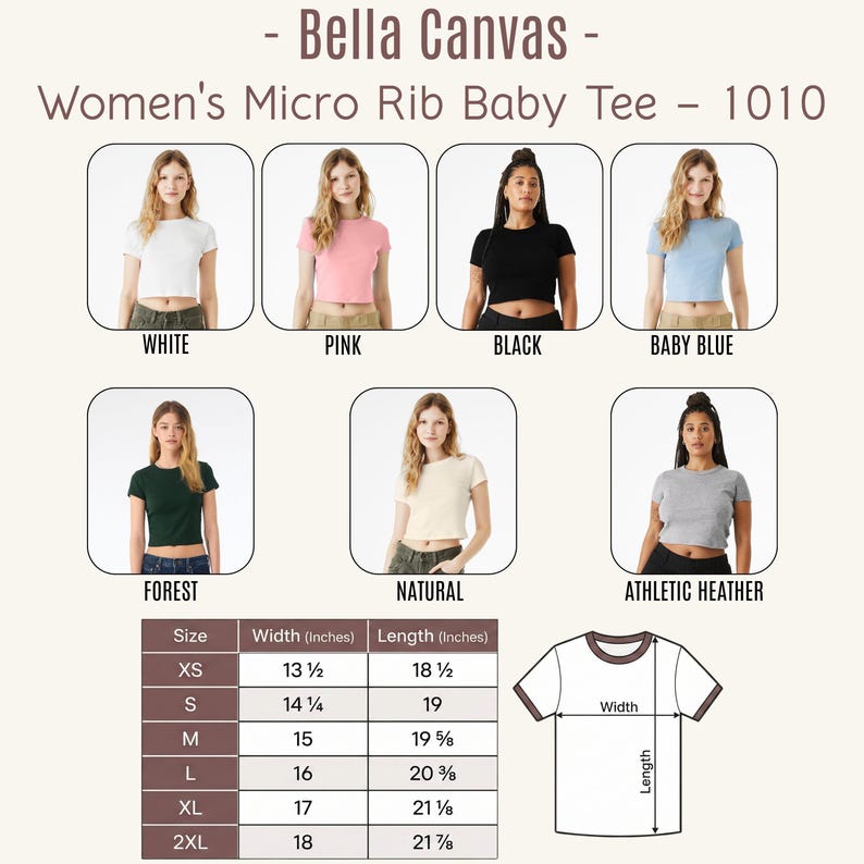 K&ouml;nnte beinhalten: Produktbild mit Bella Canvas Micro Rib Baby Tees f&uuml;r Damen in Wei&szlig;, Pink, Schwarz, Babyblau, Waldgr&uuml;n, Natur und Athletic Heather. Die Gr&ouml;&szlig;entabelle zeigt Ma&szlig;e in Zoll und eine Diagramm des T-Shirts.