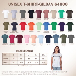 May include: A variety of Gildan 64000 unisex t-shirts in various colors, including white, black, and heathered shades. The image displays a size chart with measurements in inches and a model demonstrating how to measure a shirt.