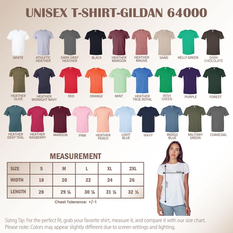 May include: A variety of Gildan 64000 unisex t-shirts in various colors, including white, black, and heathered shades. The image displays a size chart with measurements in inches and a model demonstrating how to measure a shirt.