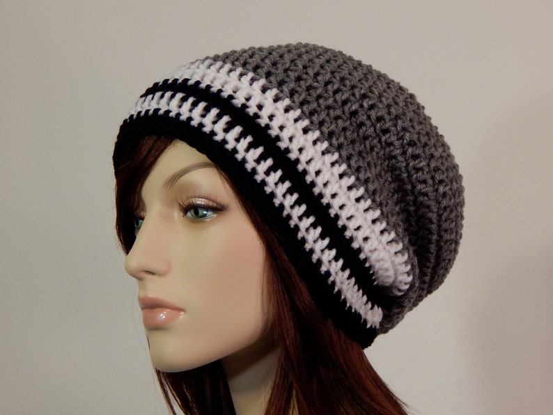 Teen Adult Gray White Black Slouch Hat, Slouch Beanie, Boho, Womens Hat, Ladies Hat, Mens Hat, Slouchy Hat, Winter Hat, Boho, Grey Beanie image 1