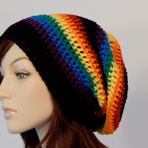 Teen Adult Rainbow Black Slouch Hat, Slouchy Beanie, Mens Hat, Womens Hat, Ladies Hat, Slouch Beanie, Summer Hat, Boho, Rainbow Beanie