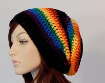 Teen Adult Rainbow Black Slouch Hat, Slouchy Beanie, Mens Hat, Womens Hat, Ladies Hat, Slouchy Hat, Summer Hat, Boho, Rainbow Beanie