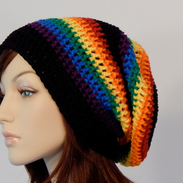 Teen Adult Rainbow Black Slouch Hat, Slouchy Beanie, Mens Hat, Womens Hat, Ladies Hat, Slouch Beanie, Summer Hat, Boho, Rainbow Beanie