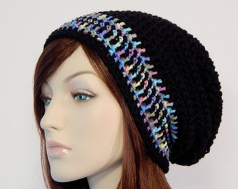 Teen Adult Pastel Black Slouch Hat, Slouchy Beanie, Hippie, Womens Hat, Ladies Hat, Winter Hat, Boho, Rainbow Beanie, MarlowsGiftCottage