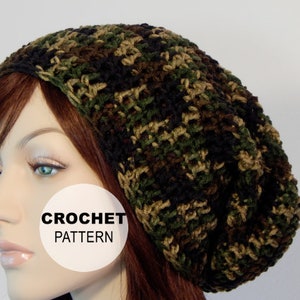 May include: A crochet beanie hat in a camouflage pattern of green, brown, and black. The hat is slouchy and has a loose fit. The text "CROCHET PATTERN" is visible on a white circle in the image.