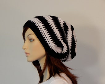 Black and White Slouch Hat, Lots of Slouch, Striped Slouch Beanie, Boho Hat, Womens Hat, Ladies Hat, Teen Slouchy Hat, Winter Hat, Boho Hat