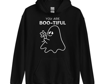May include: Black hooded sweatshirt with a white ghost holding a flower and the text "You are Boo-tiful".