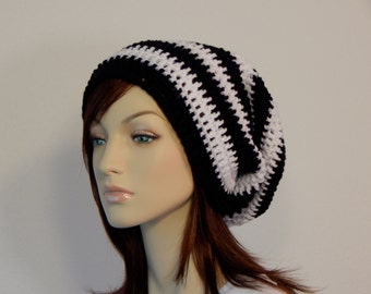 Black and White Slouch Hat, Lots of Slouch, Striped Slouch Beanie, Boho Hat, Womens Hat, Ladies Hat, Teen Slouchy Hat, Winter Hat, Boho Hat
