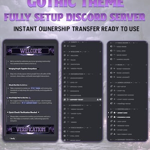 May include: A digital graphic promoting a Gothic-themed Discord server, featuring a dark purple and black color scheme. The text reads "Gothic Theme, Fully Setup Discord Server, Instant Ownership Transfer Ready to Use." The image displays server interface elements.