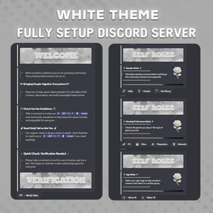 May include: A digital graphic promoting a "White Theme Fully Setup Discord Server." The image displays two dark gray panels with white text and graphics. One panel says "Welcome" and the other says "Self Roles." The text includes information about the server's features.