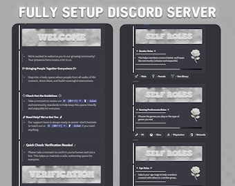 Puede incluir: Gráfico digital que promociona un "Servidor Discord completamente configurado con tema blanco". La imagen muestra dos paneles grises oscuros con texto y gráficos blancos. Un panel dice "Bienvenida" y el otro "Roles propios". El texto describe las características del servidor.