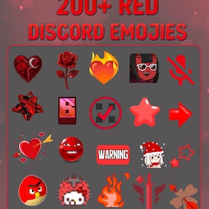 Puede incluir: Una colección de emojis rojos de Discord, incluyendo corazones, rosas, llamas y estrellas. La imagen presenta el texto "200+ RED DISCORD EMOJIES" en la parte superior. Se muestran varios diseños de emojis, como un corazón con una flecha y una señal de advertencia.