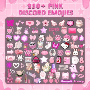 Op de afbeelding: Een verzameling van meer dan 250 roze Discord-emoji's, waaronder harten, sterren en verschillende schattige karakters. De afbeelding bevat de tekst "250+ PINK DISCORD EMOJIES" en andere woorden zoals "LOVE U" en "Queen freaky".