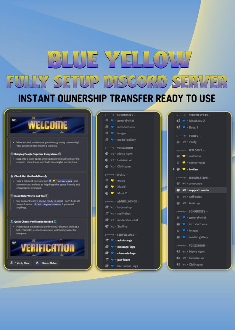 Fully Configured Discord Server | Blue Yellow Theme - Etsy
