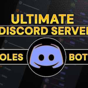 以下が含まれることがあります： Discordサーバーを宣伝するデジタルグラフィック。画像にはDiscordのロゴ、「ULTIMATE DISCORD SERVER」という言葉、そして「ROLES」と「BOTS」のセクションがあります。背景は暗く、光るアクセントがあります。