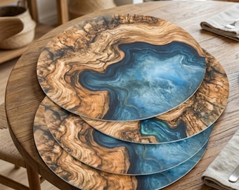 Wood Grain Placemats, 4-piece Deep Blue & Brown Eco-Friendly Dining Table Decor