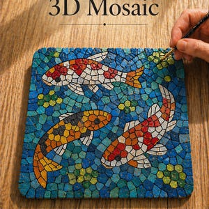 Pode incluir: Um kit de artesanato de mosaico 3D quadrado com o texto Paint your own 3D Mosaic. O design apresenta três peixes koi em tons de vermelho, branco, laranja e preto, sobre um fundo azul texturizado com pequenos detalhes circulares verdes.