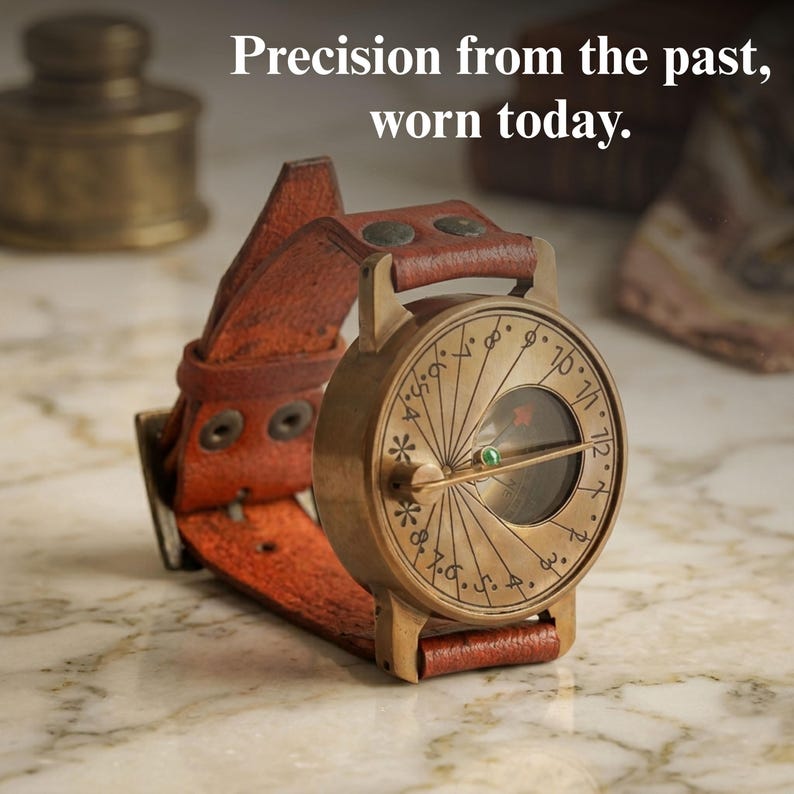 May include: A brass sundial watch with a brown leather strap featuring metal rivets. The watch face displays numerical markings from 1 to 12, a central gnomon, and the text "Precision from the past, worn today." The design includes a circular cutout.